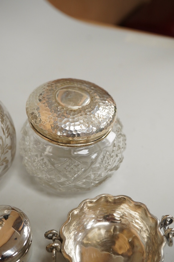 A George V silver topped engraved glass spherical scent bottle and other silver first height 11cm., weight approx. 3.46ozt